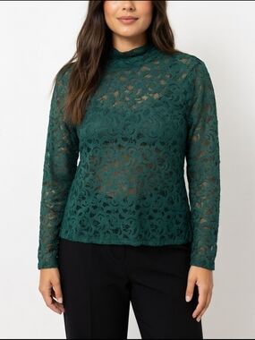 White House Black Market Dark Green Lace Mock-Neck Blouse